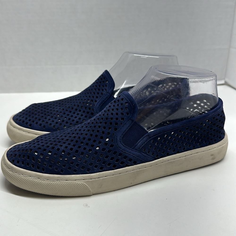 Tory Burch Jesse Sneaker Slip On Perforated Laser Cut Shoes Navy Blue Size 7